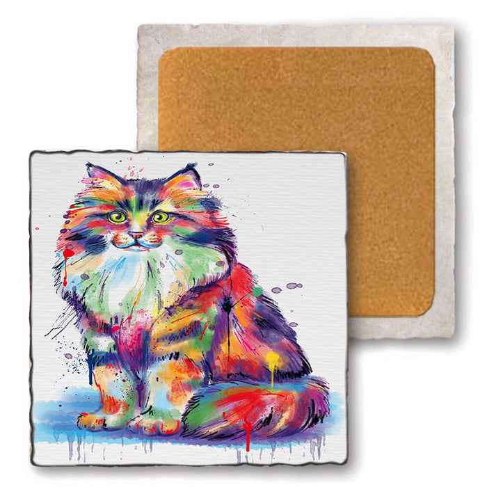 Watercolor Siberian Cat Set of 4 Natural Stone Marble Tile Coasters MCST52106