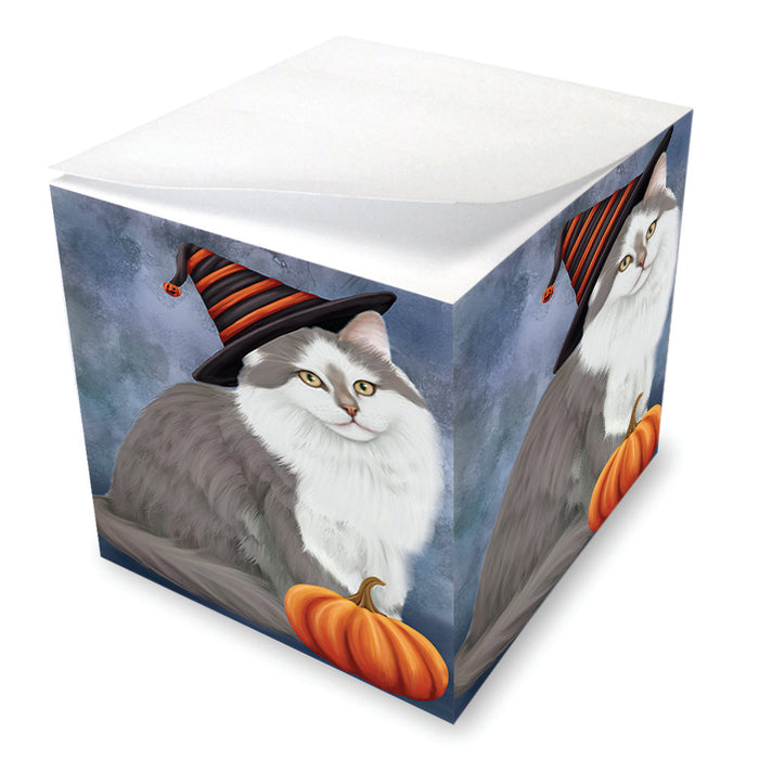 Happy Halloween Siberian Cat Wearing Witch Hat with Pumpkin Note Cube NOC56423