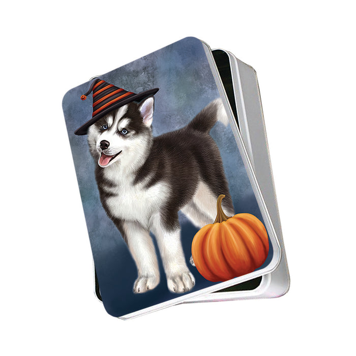 Happy Halloween Siberian Husky Dog Wearing Witch Hat with Pumpkin Photo Storage Tin PITN54755