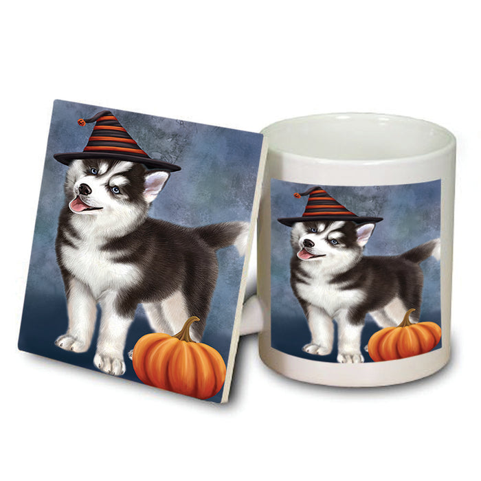 Happy Halloween Siberian Husky Dog Wearing Witch Hat with Pumpkin Mug and Coaster Set MUC54804