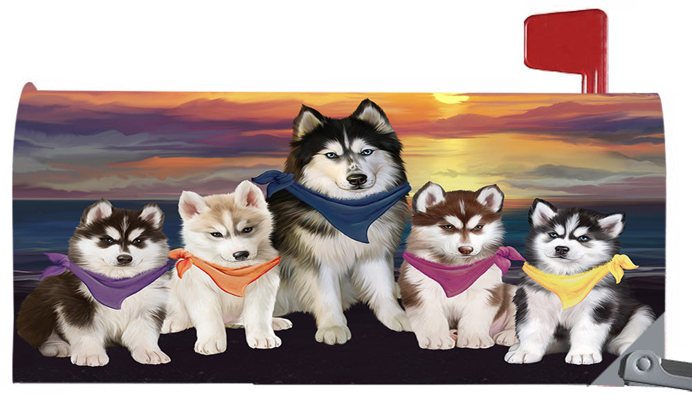 Family Sunset Portrait Siberian Husky Dogs Magnetic Mailbox Cover MBC48508