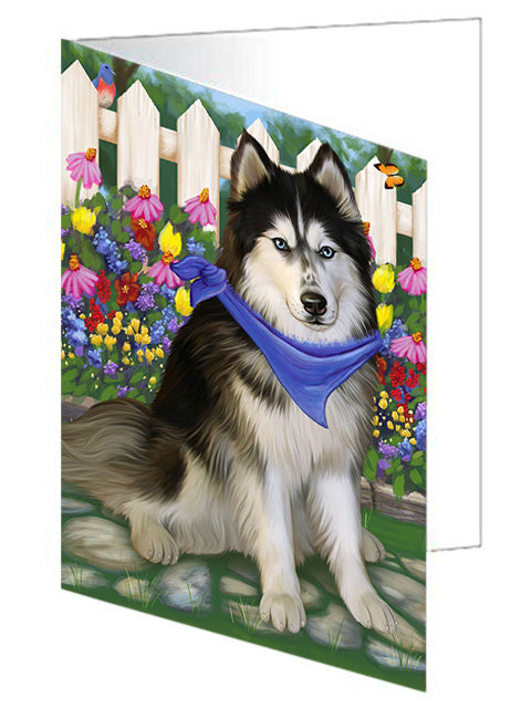 Spring Floral Siberian Huskie Dog Handmade Artwork Assorted Pets Greeting Cards and Note Cards with Envelopes for All Occasions and Holiday Seasons GCD60542