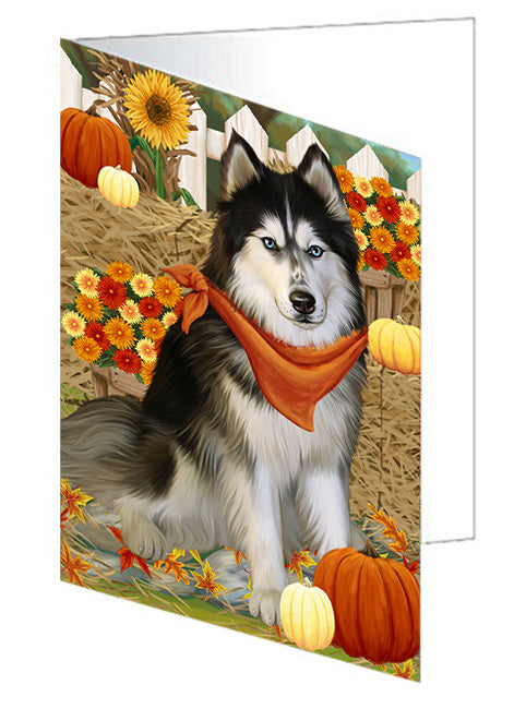 Fall Autumn Greeting Siberian Husky Dog with Pumpkins Handmade Artwork Assorted Pets Greeting Cards and Note Cards with Envelopes for All Occasions and Holiday Seasons GCD56645