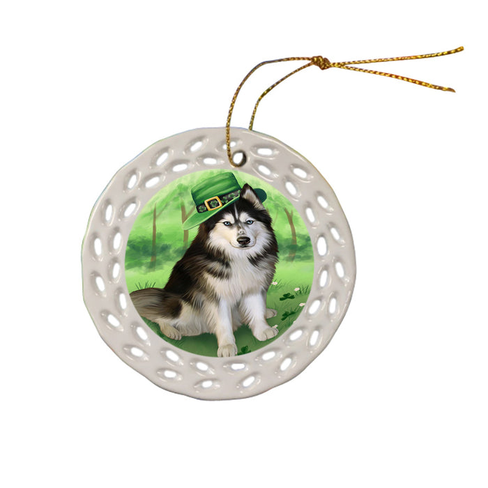 St. Patricks Day Irish Portrait Siberian Husky Dog Ceramic Doily Ornament DPOR49407
