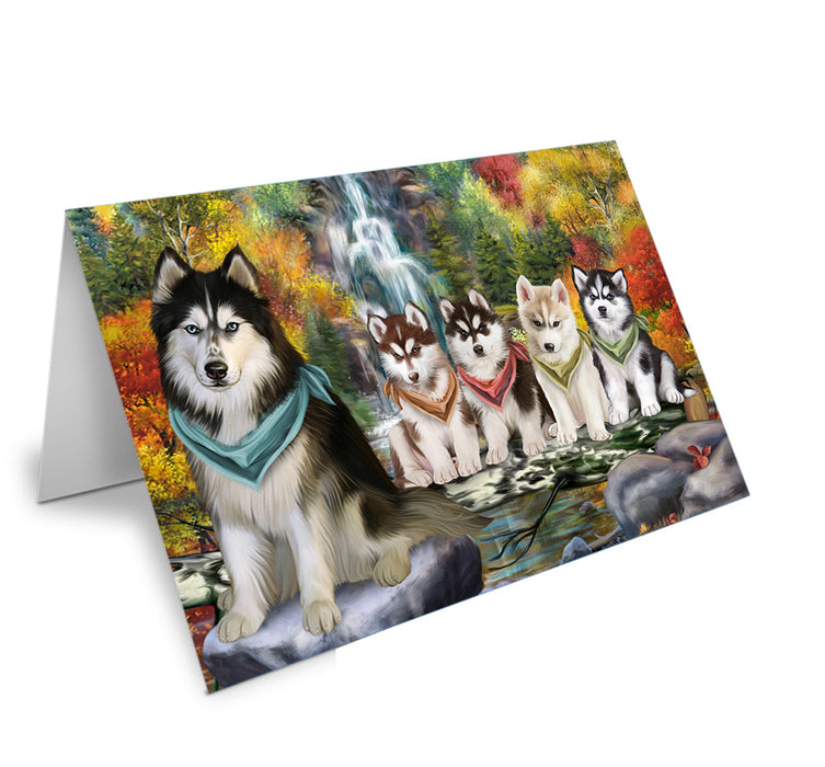Scenic Waterfall Siberian Huskies Dog Handmade Artwork Assorted Pets Greeting Cards and Note Cards with Envelopes for All Occasions and Holiday Seasons GCD52583