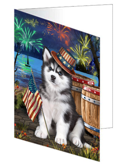 4th of July Independence Day Fireworks Siberian Husky Dog at the Lake Handmade Artwork Assorted Pets Greeting Cards and Note Cards with Envelopes for All Occasions and Holiday Seasons GCD57020