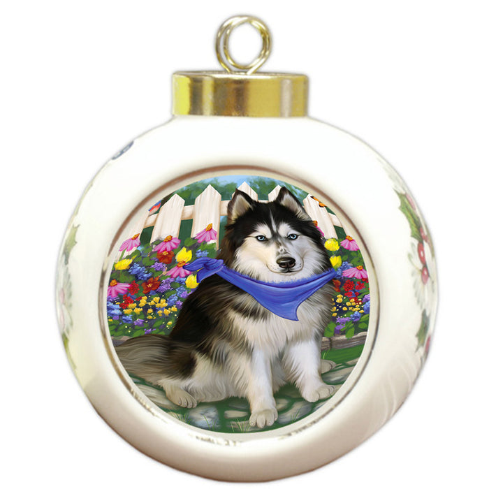 Spring Floral Siberian Huskie Dog Round Ball Christmas Ornament RBPOR52171