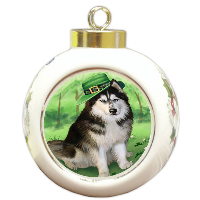 St. Patricks Day Irish Portrait Siberian Husky Dog Round Ball Christmas Ornament RBPOR49407