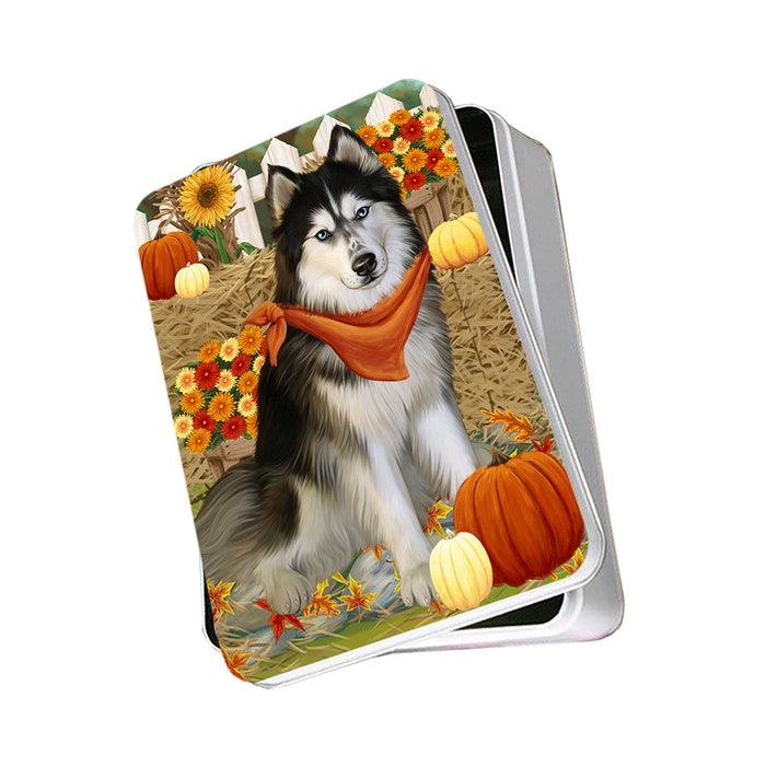 Fall Autumn Greeting Siberian Huskie Dog with Pumpkins Photo Storage Tin PITN50872