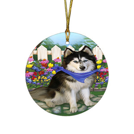 Spring Floral Siberian Huskie Dog Round Flat Christmas Ornament RFPOR52162