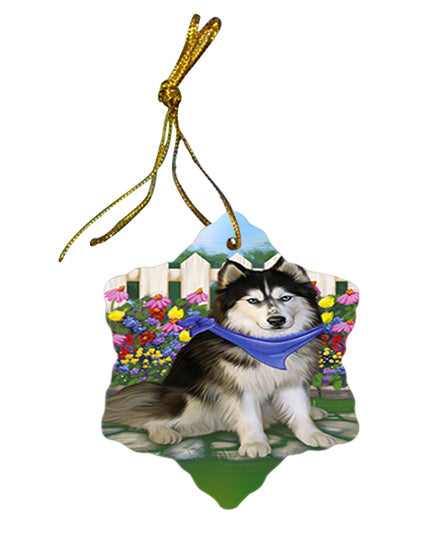 Spring Floral Siberian Huskie Dog Star Porcelain Ornament SPOR52162