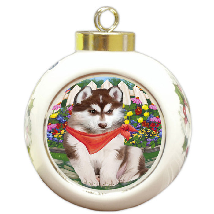 Spring Floral Siberian Huskie Dog Round Ball Christmas Ornament RBPOR52172