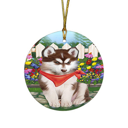 Spring Floral Siberian Huskie Dog Round Flat Christmas Ornament RFPOR52163