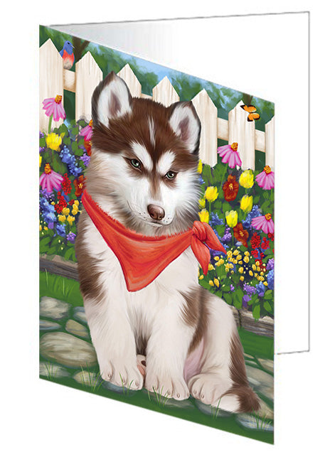 Spring Floral Siberian Huskie Dog Handmade Artwork Assorted Pets Greeting Cards and Note Cards with Envelopes for All Occasions and Holiday Seasons GCD60545
