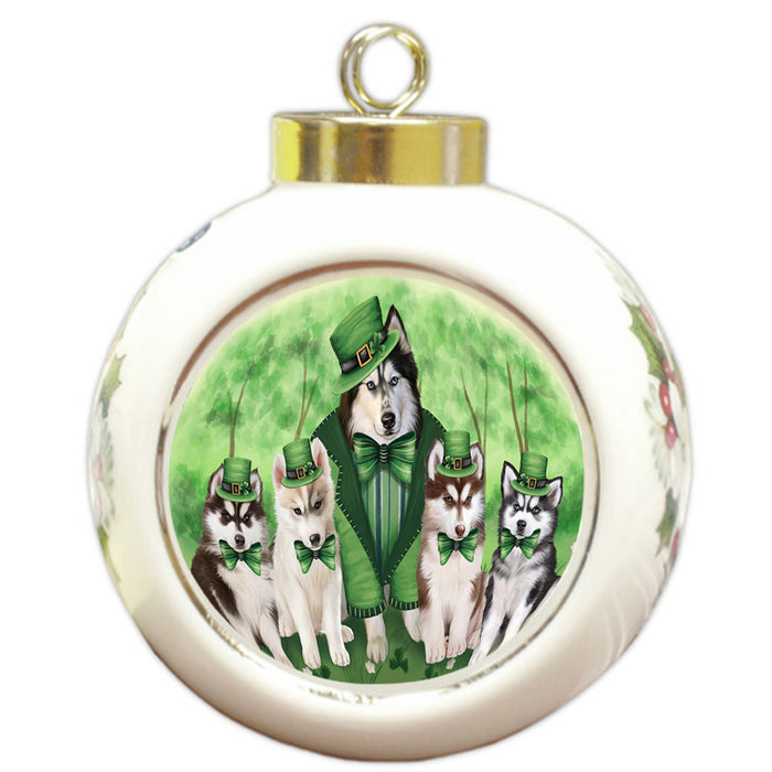 St. Patricks Day Irish Family Portrait Siberian Huskies Dog Round Ball Christmas Ornament RBPOR49408