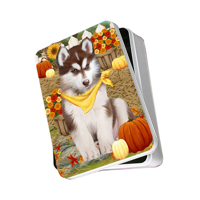 Fall Autumn Greeting Siberian Huskie Dog with Pumpkins Photo Storage Tin PITN50873