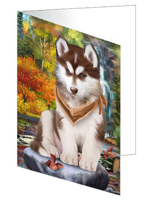 Scenic Waterfall Siberian Huskies Dog Handmade Artwork Assorted Pets Greeting Cards and Note Cards with Envelopes for All Occasions and Holiday Seasons GCD52586