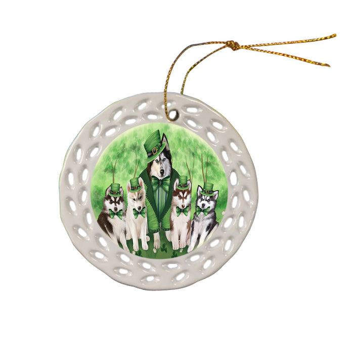 St. Patricks Day Irish Family Portrait Siberian Huskies Dog Ceramic Doily Ornament DPOR49408