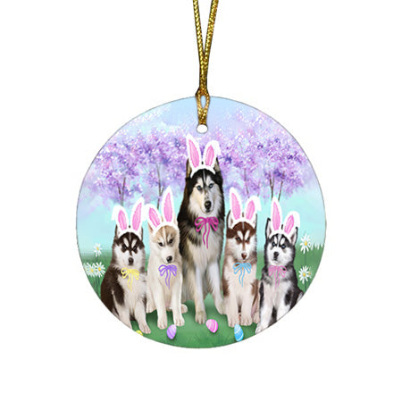 Siberian Huskies Dog Easter Holiday Round Flat Christmas Ornament RFPOR49265