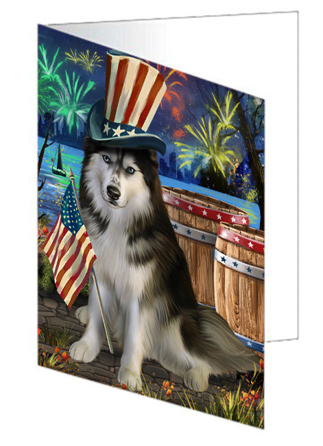 4th of July Independence Day Fireworks Siberian Husky Dog at the Lake Handmade Artwork Assorted Pets Greeting Cards and Note Cards with Envelopes for All Occasions and Holiday Seasons GCD57023