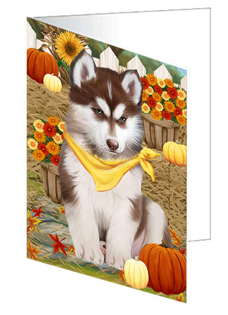 Fall Autumn Greeting Siberian Husky Dog with Pumpkins Handmade Artwork Assorted Pets Greeting Cards and Note Cards with Envelopes for All Occasions and Holiday Seasons GCD56648