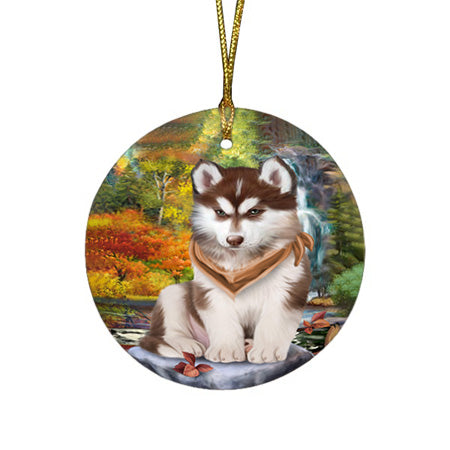 Scenic Waterfall Siberian Husky Dog Round Flat Christmas Ornament RFPOR49544