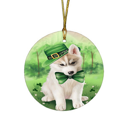 St. Patricks Day Irish Portrait Siberian Husky Dog Round Flat Christmas Ornament RFPOR49400