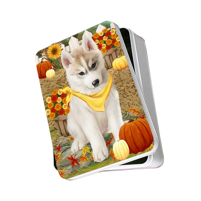 Fall Autumn Greeting Siberian Huskie Dog with Pumpkins Photo Storage Tin PITN50874