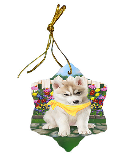 Spring Floral Siberian Huskie Dog Star Porcelain Ornament SPOR52164