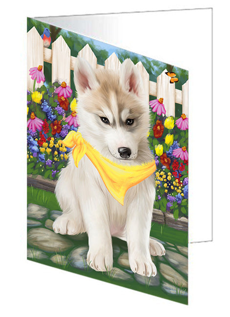 Spring Floral Siberian Huskie Dog Handmade Artwork Assorted Pets Greeting Cards and Note Cards with Envelopes for All Occasions and Holiday Seasons GCD60548