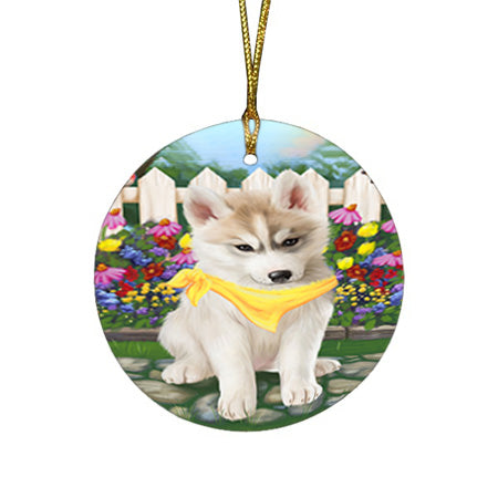 Spring Floral Siberian Huskie Dog Round Flat Christmas Ornament RFPOR52164