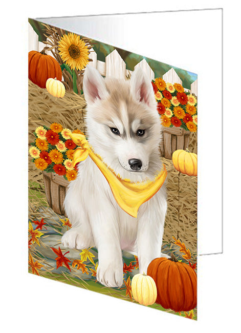Fall Autumn Greeting Siberian Husky Dog with Pumpkins Handmade Artwork Assorted Pets Greeting Cards and Note Cards with Envelopes for All Occasions and Holiday Seasons GCD56651