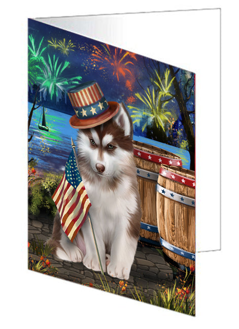 4th of July Independence Day Fireworks Siberian Husky Dog at the Lake Handmade Artwork Assorted Pets Greeting Cards and Note Cards with Envelopes for All Occasions and Holiday Seasons GCD57026