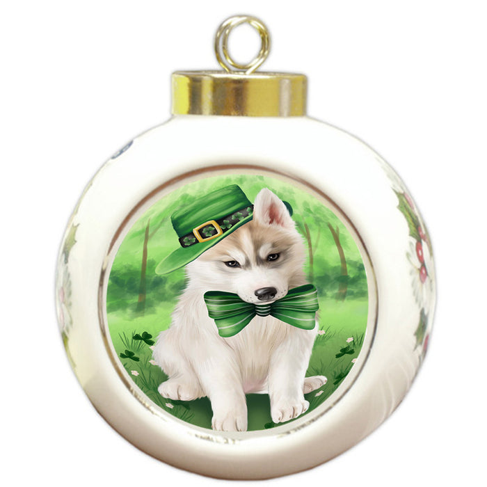 St. Patricks Day Irish Portrait Siberian Husky Dog Round Ball Christmas Ornament RBPOR49409