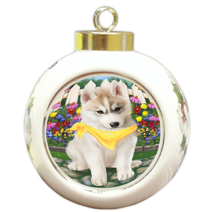 Spring Floral Siberian Huskie Dog Round Ball Christmas Ornament RBPOR52173