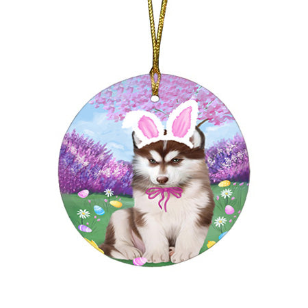 Siberian Husky Dog Easter Holiday Round Flat Christmas Ornament RFPOR49266