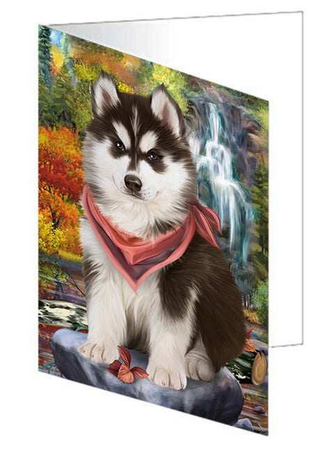 Scenic Waterfall Siberian Husky Dog Handmade Artwork Assorted Pets Greeting Cards and Note Cards with Envelopes for All Occasions and Holiday Seasons GCD52589