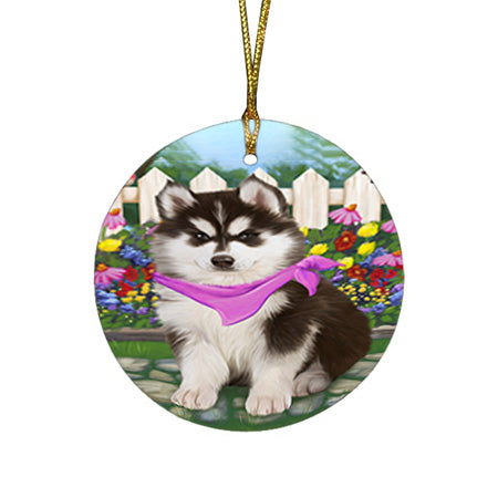 Spring Floral Siberian Huskie Dog Round Flat Christmas Ornament RFPOR52165