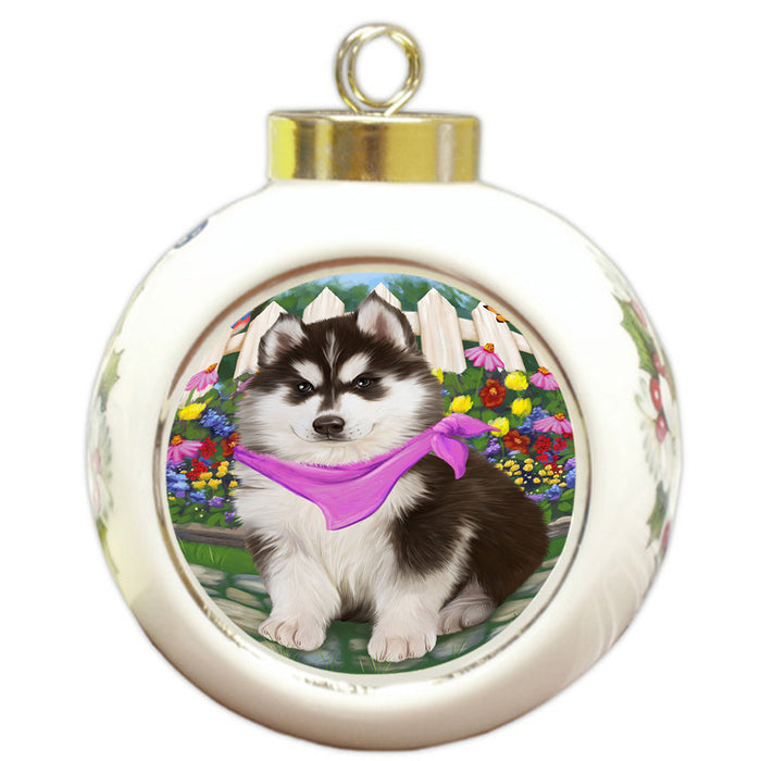 Spring Floral Siberian Huskie Dog Round Ball Christmas Ornament RBPOR52174