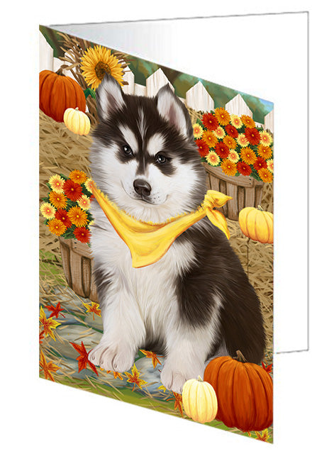 Fall Autumn Greeting Siberian Husky Dog with Pumpkins Handmade Artwork Assorted Pets Greeting Cards and Note Cards with Envelopes for All Occasions and Holiday Seasons GCD56654