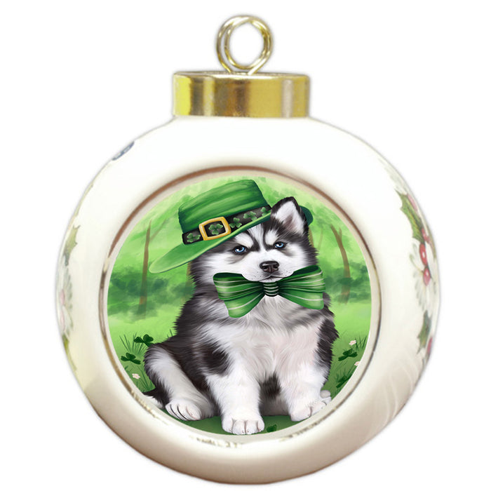 St. Patricks Day Irish Portrait Siberian Husky Dog Round Ball Christmas Ornament RBPOR49410