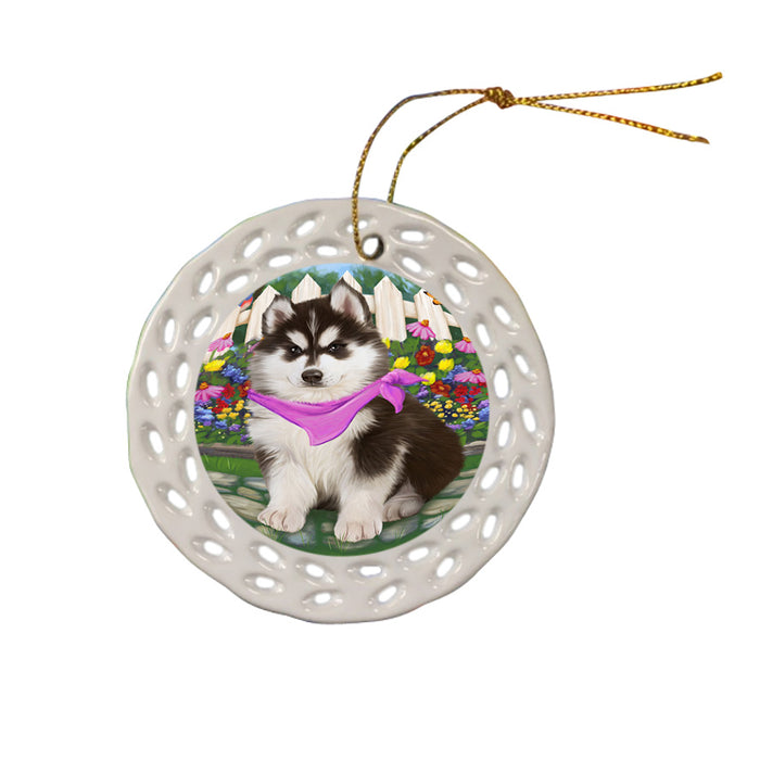 Spring Floral Siberian Huskie Dog Ceramic Doily Ornament DPOR52174
