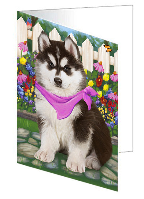 Spring Floral Siberian Huskie Dog Handmade Artwork Assorted Pets Greeting Cards and Note Cards with Envelopes for All Occasions and Holiday Seasons GCD60551