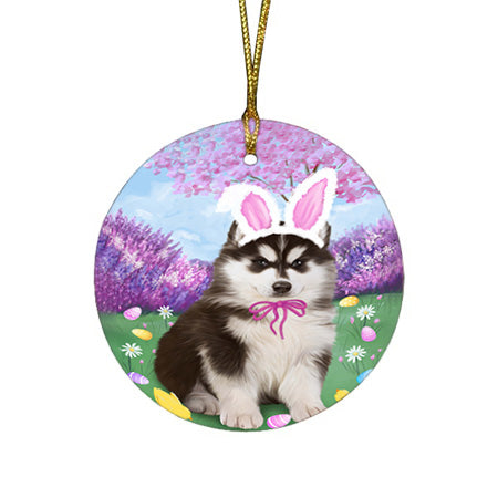 Siberian Husky Dog Easter Holiday Round Flat Christmas Ornament RFPOR49267