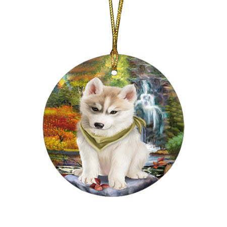 Scenic Waterfall Siberian Husky Dog Round Flat Christmas Ornament RFPOR49546