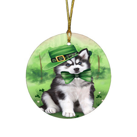 St. Patricks Day Irish Portrait Siberian Husky Dog Round Flat Christmas Ornament RFPOR49401