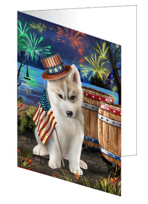 4th of July Independence Day Fireworks Siberian Husky Dog at the Lake Handmade Artwork Assorted Pets Greeting Cards and Note Cards with Envelopes for All Occasions and Holiday Seasons GCD57029