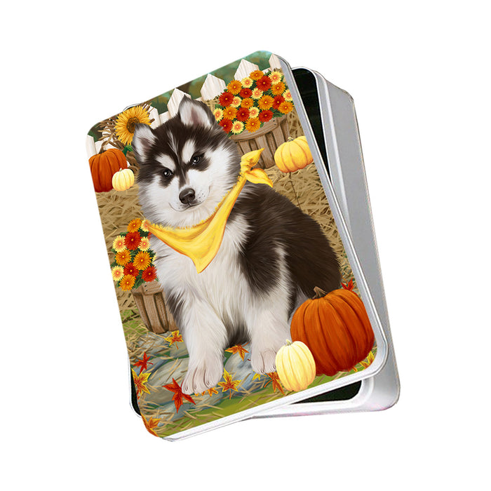 Fall Autumn Greeting Siberian Huskie Dog with Pumpkins Photo Storage Tin PITN50875