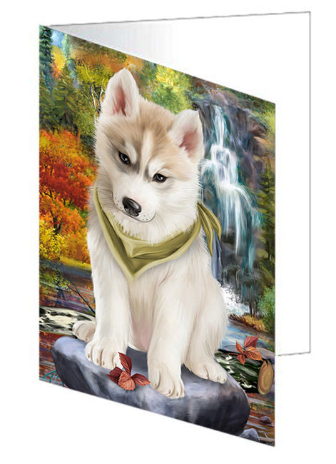 Scenic Waterfall Siberian Husky Dog Handmade Artwork Assorted Pets Greeting Cards and Note Cards with Envelopes for All Occasions and Holiday Seasons GCD52592
