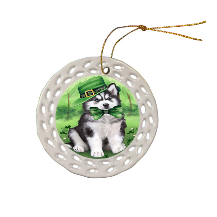 St. Patricks Day Irish Portrait Siberian Husky Dog Ceramic Doily Ornament DPOR49410